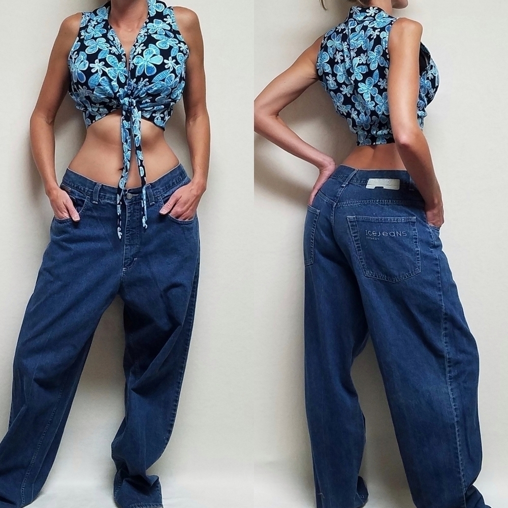 VINTAGE Far Away Blue Tropical Hawaiian Print V-neck Tie-up Sleeveless Crop Top